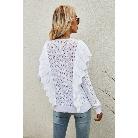 Openwork Round Neck Ruffled Sweater - Picture 2 of 16